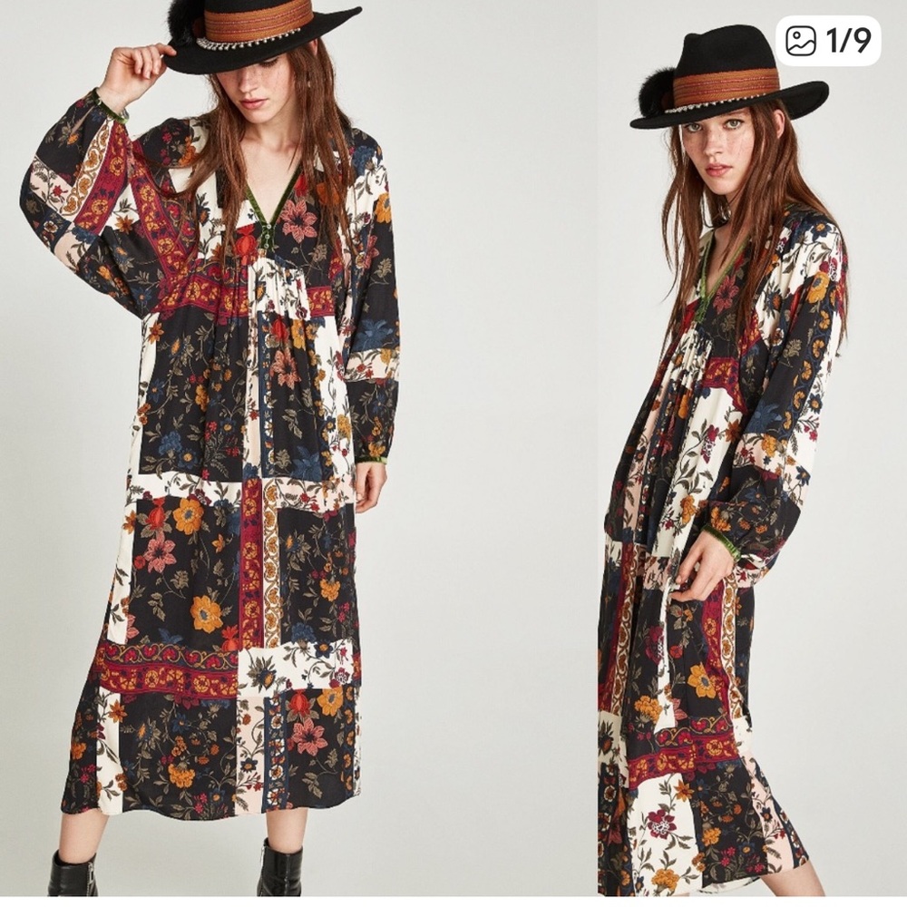ZARA PATCHWORK FLORAL PRINT V-NECK MIDI DRESS